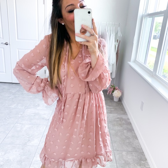 Pink Long Sleeve Swiss Dot Ruffle Loose Dress - Picture 11 of 12